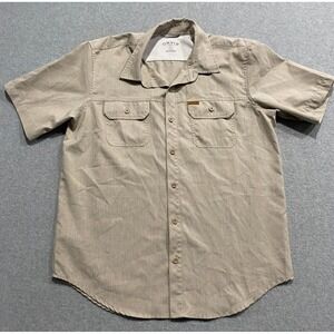 Orvis Men Button Up Shirt Tan Outdoor Hiking Lightweight Short Sleeve Collar L